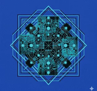 Glowing circuit board mandala with teal geometric patterns on a deep blue background, representing AI and technology