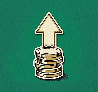 Stack of gold coins with an upward arrow on top, symbolizing financial growth and investment, on a green background