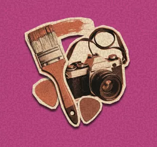 Paintbrush and vintage film camera overlapping, representing creative arts and photography on a pink background