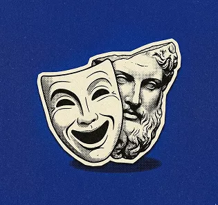Comedy and tragedy theater masks merged together against a blue background, representing performing arts and drama