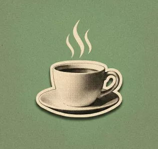 Steaming cup of coffee on a saucer in vintage engraving style, representing cafes and beverages on a green background