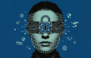 Digital cybersecurity concept showing a person's face overlaid with circuit board patterns, a padlock, and cyber protection icons